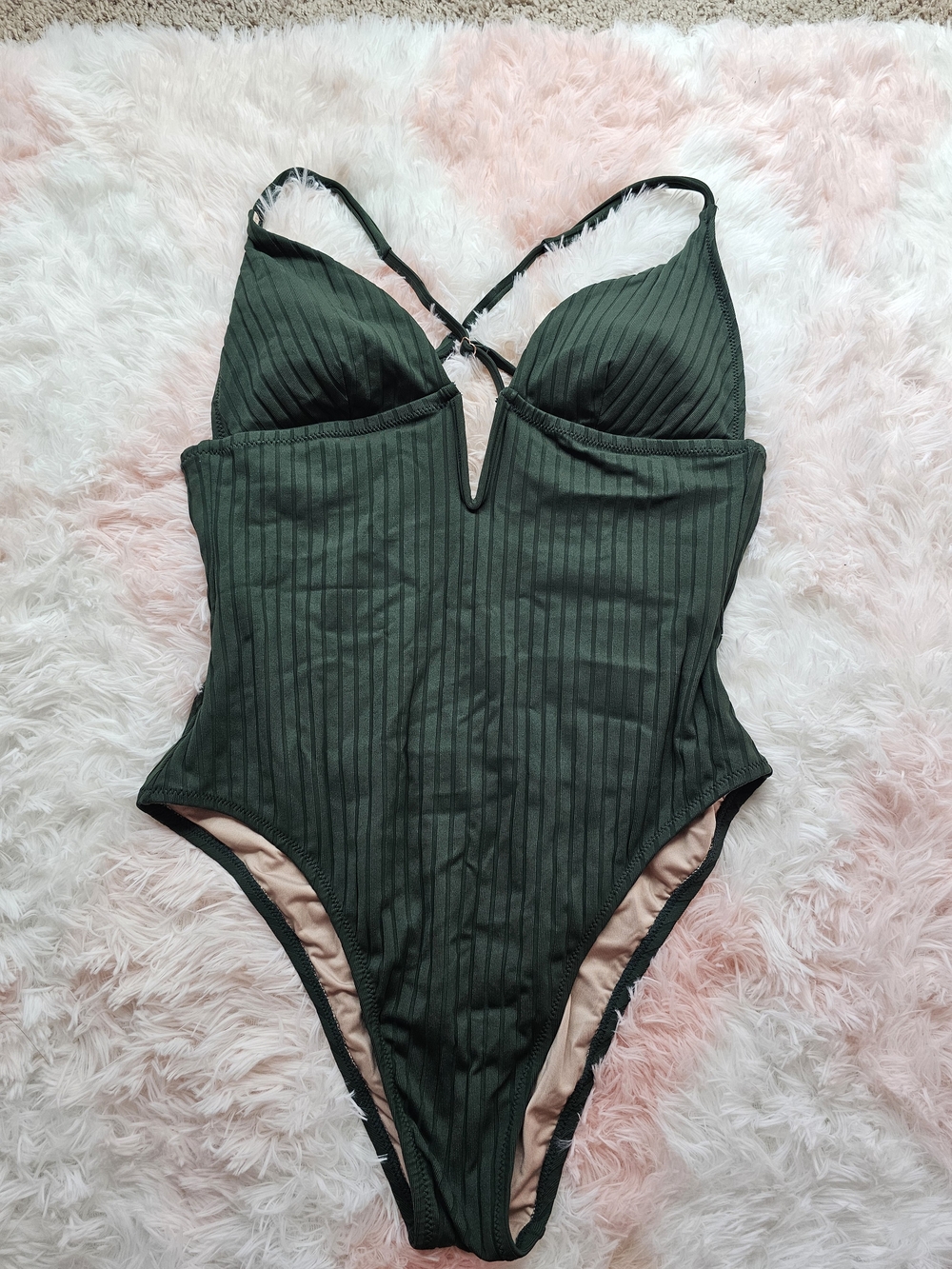 Ribbed V-Plunge One-Piece Swimsuit in Dark Green